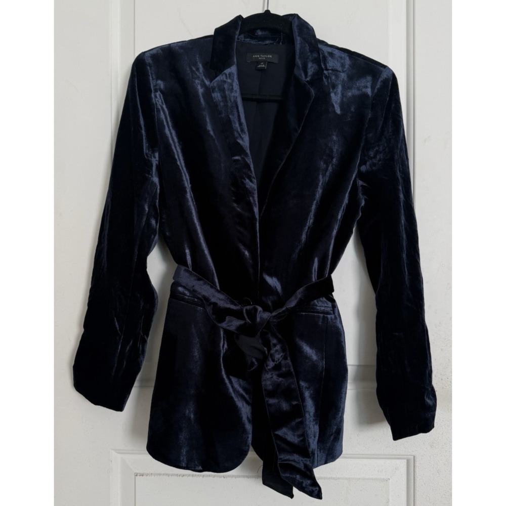 Ann Taylor Velvet Belted Blazer Jacket Coat Wrap Womens 14 Petite Dark Blue Navy